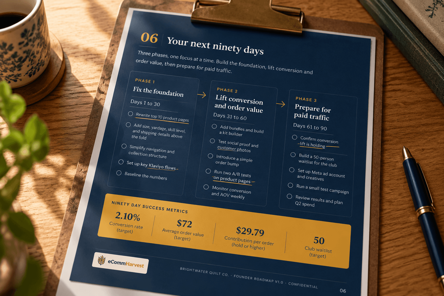 Page 6 of a sample Founder Roadmap showing the next ninety days on a clipboard