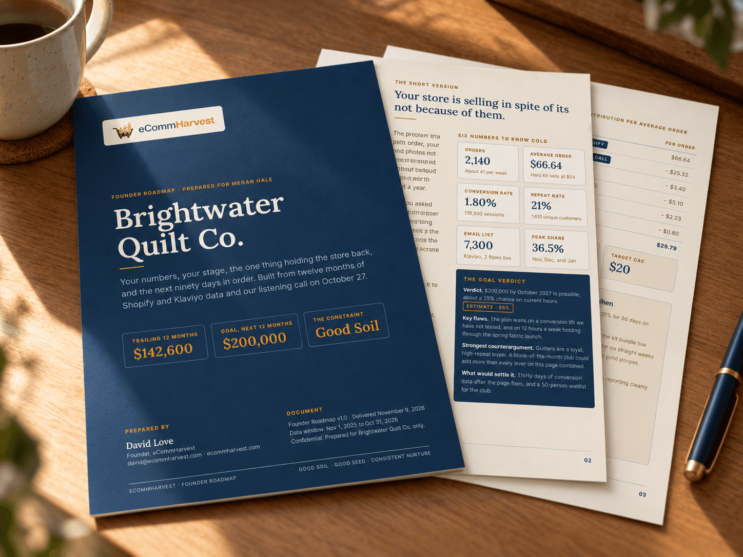 Cover of a sample Founder Roadmap with two inside pages fanned out on a wooden desk